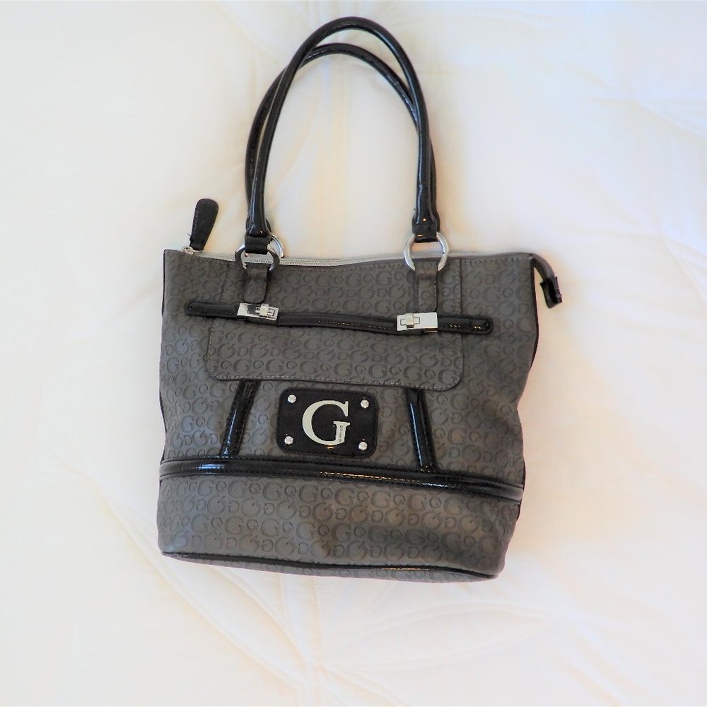 Authentic GUESS Gray Handbag with Black Paten